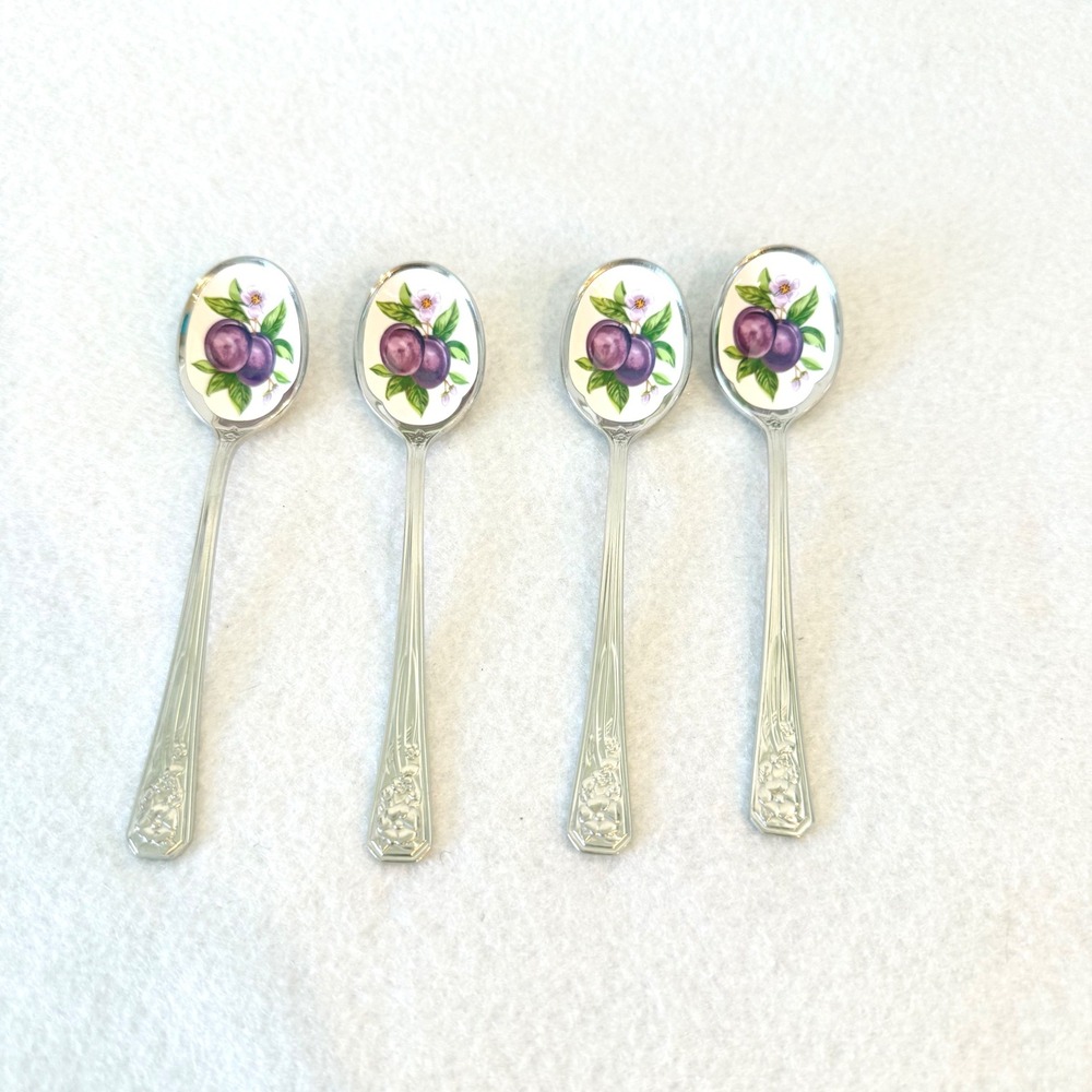 Vintage Avon Enamel Plum Spoons Stainless Steel Japan Set of 4